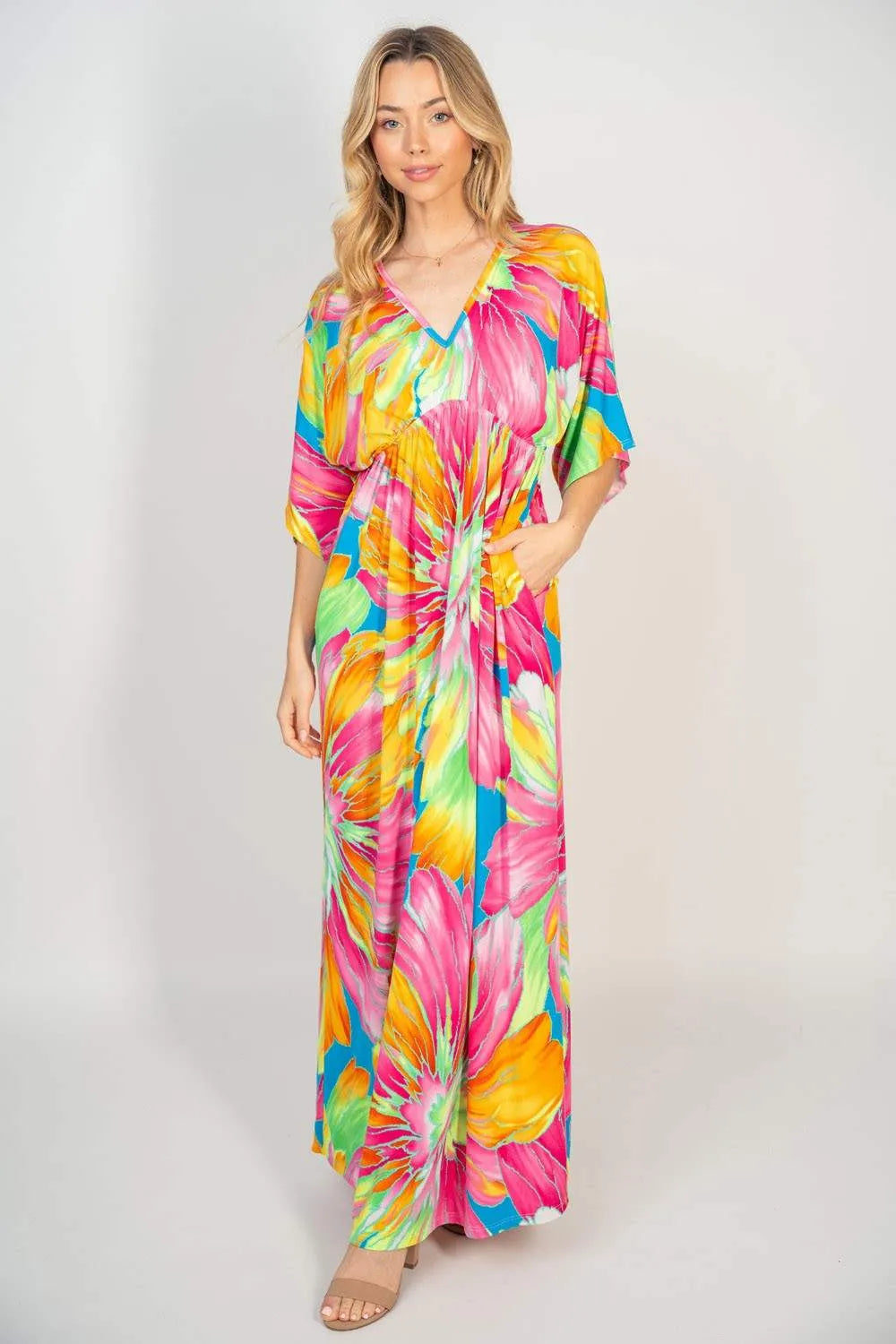White Birch Printed V-Neck Maxi Dress with Pockets Multi Casual Dresses - Tophatter Daily Deals